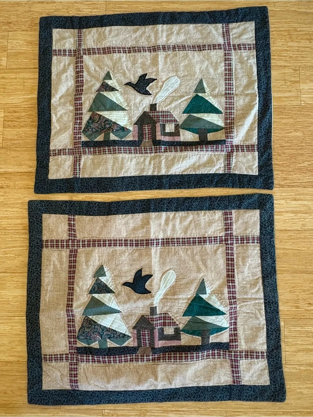 Patchwork Log Cabin Fisherman’s Wharf Applique Fish Forest Vintage Quilt 93”x84”